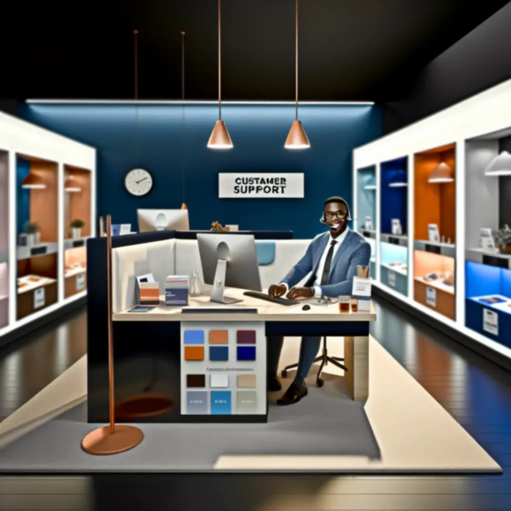 Biurko centrum wsparcia EasyMarketStore z komputerem i notatkami